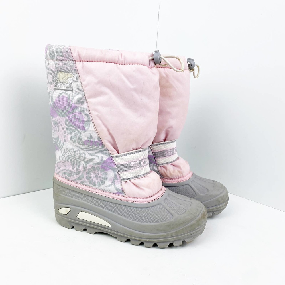 Sorel Pink Gray Cub Waterproof Floral Felt Liners Boots/Booties Youth size 4